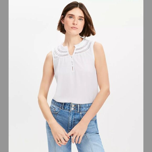 NWT LOFT Cutout Ruffle Neck Shell - Picture 1 of 5